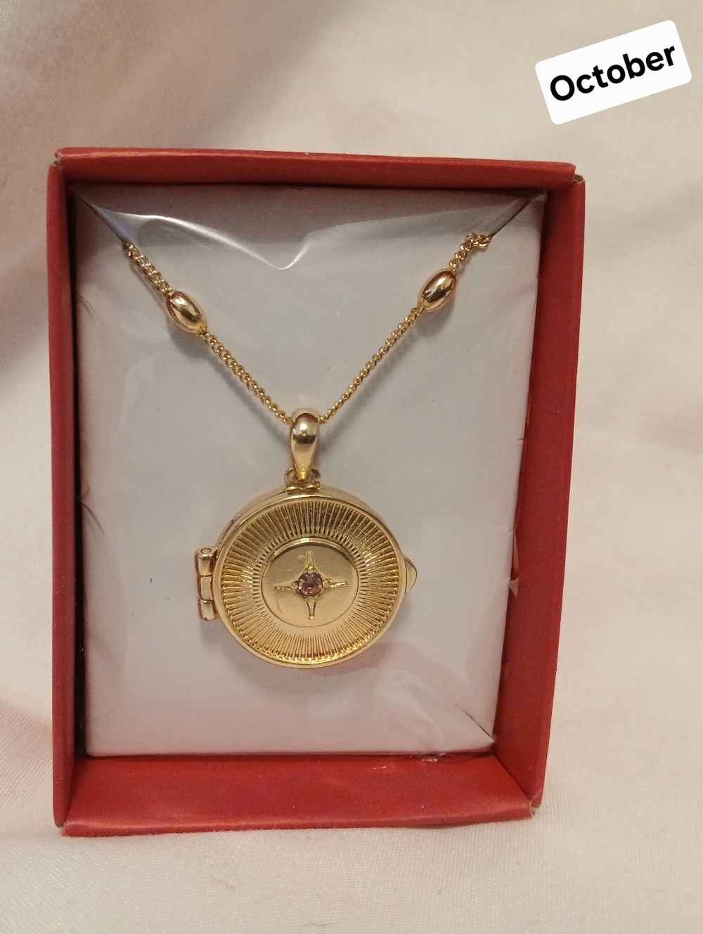 Studio 1886 October Goldtone Round Birthstone Locket Necklace with Pink Stone